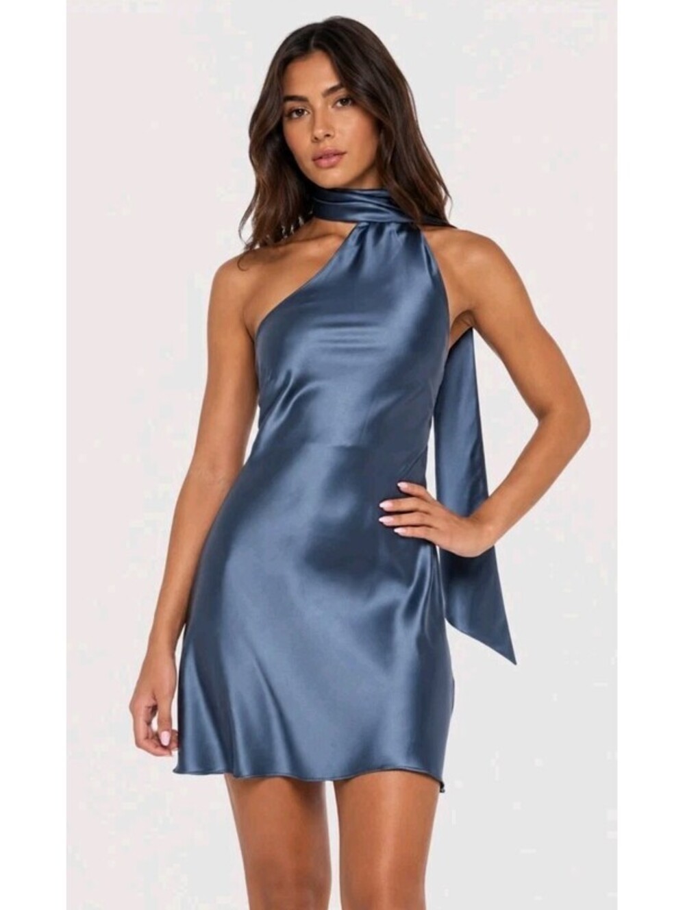 Alex & Sophia Juniors' Scarf-Neck One-Shoulder Satin Mini Dress 11-12 Blue #03